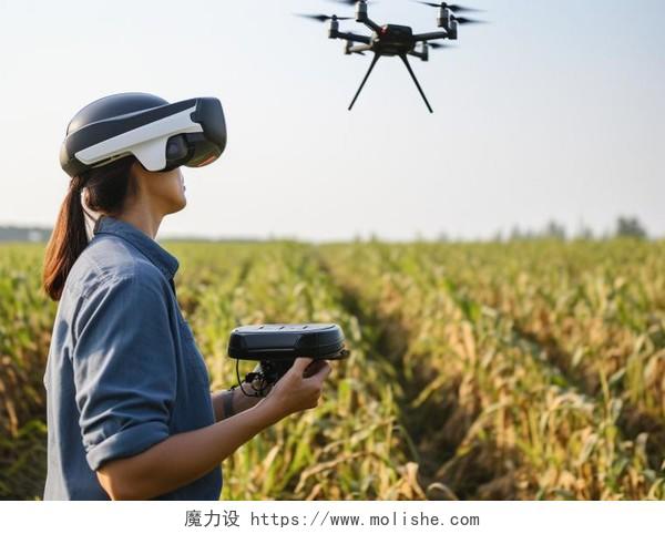 农业科技一位科技人员在农田中无人机试飞VR眼镜和无人机在农业中的使用场景